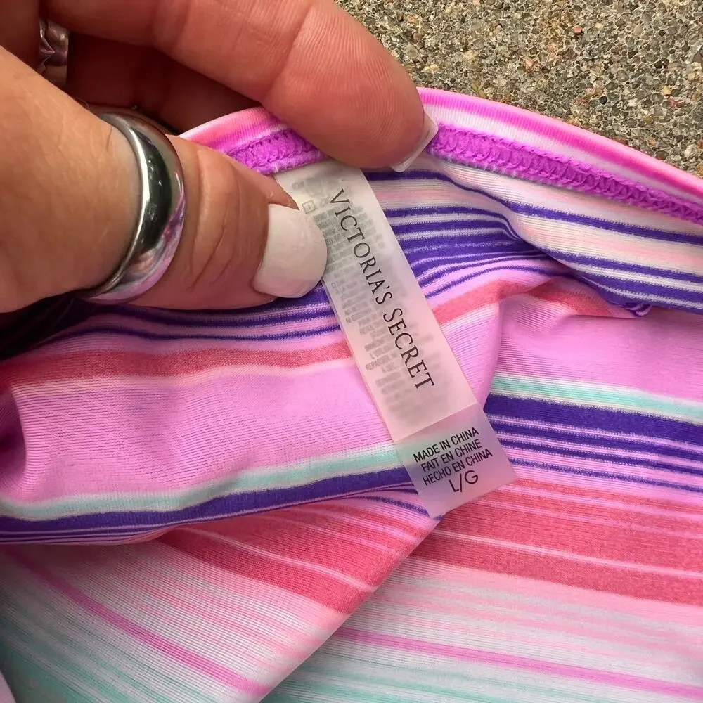 Victoria's Secret High Rise Foldover Bikini Tankini Purple Fuchsia Blue Stripe L